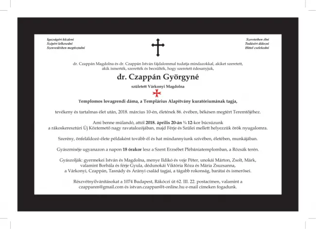 dr. Czappán Györgyné született Várkonyi Magdolna az Örök Hazába költözött