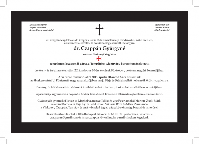 Czappán Györgyné sz. Várkonyi Magdolna dámánk temetése 2018. április 20.